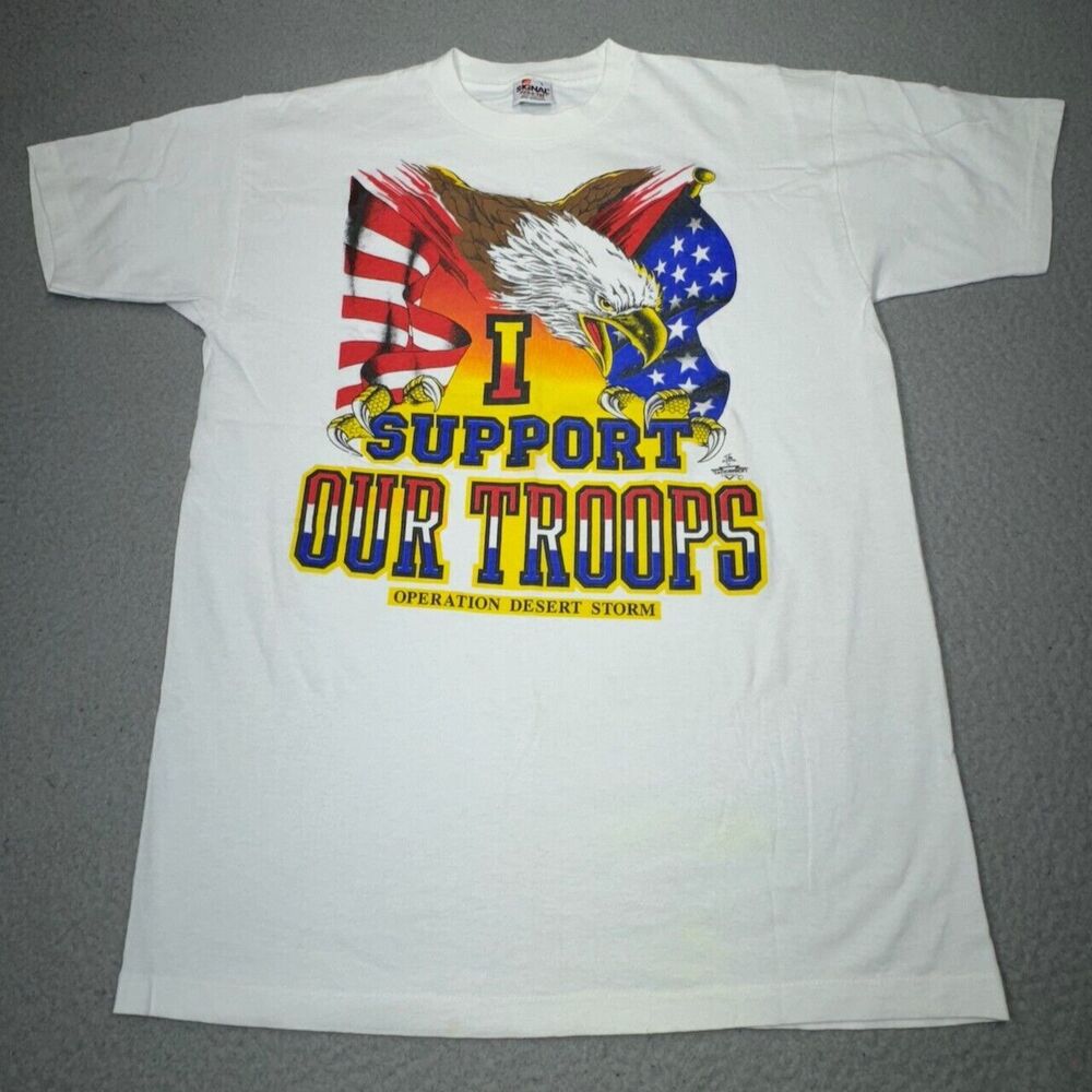Vintage Desert Storm Shirt Mens Large‎ White 1991 Support Our Troops Signal Flag